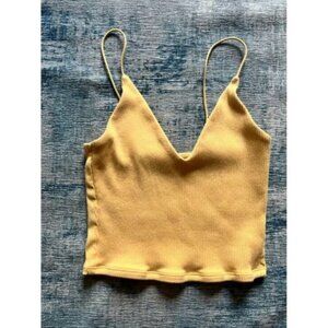 Garage Goldenrod Yellow V Neck Ribbed Knit Crop Top XS